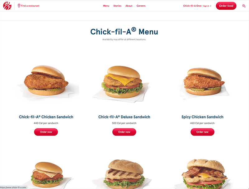 screenshot of Chick-fil-A's menu page