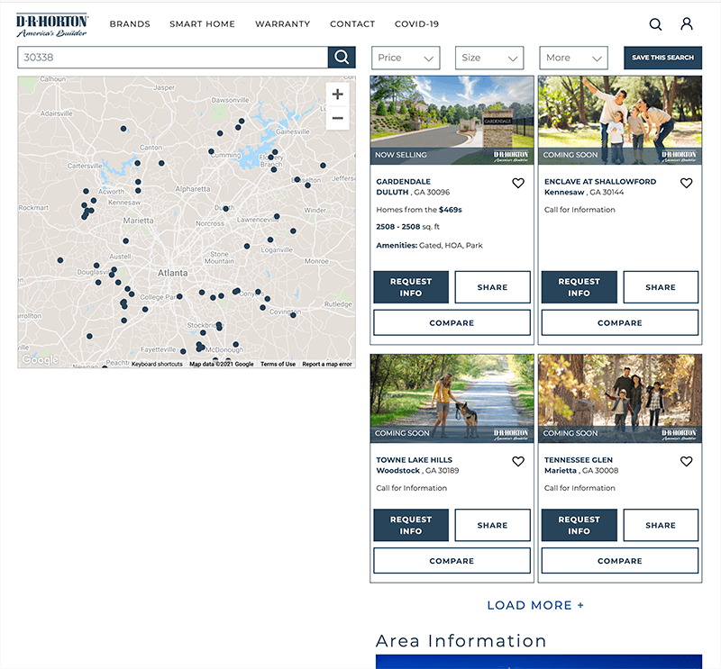 screenshot of DR Horton community listings page