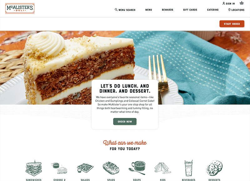 screenshot of the McAlister's Deli homepage