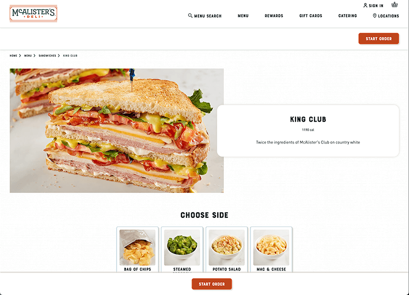 screenshot of the McAlister's Deli menu item page