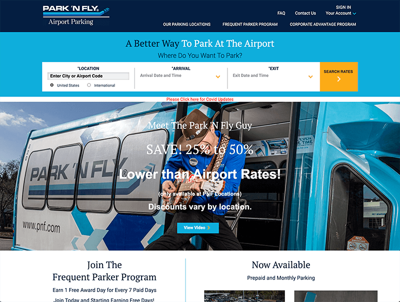 screenshot of Park 'N Fly homepage